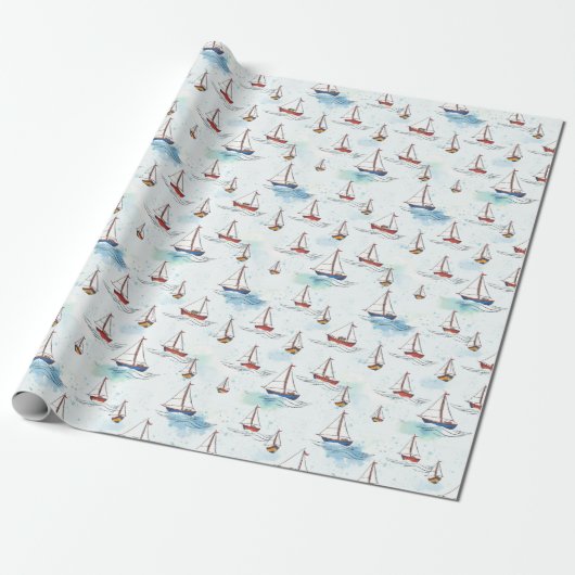Serene Blue Red Sailing Boats op Zee Pattern Cadeaupapier (Uitgerold)