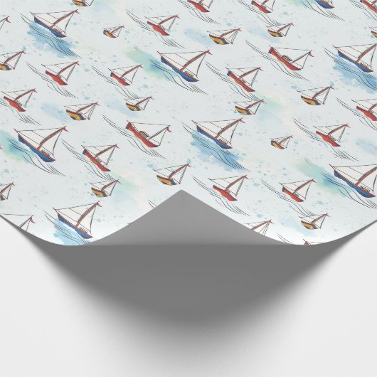 Serene Blue Red Sailing Boats op Zee Pattern Cadeaupapier (Hoek)