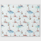 Serene Blue Red Sailing Boats op Zee Pattern Cadeaupapier (Vlak)