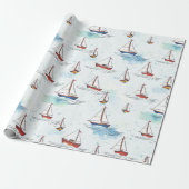 Serene Blue Red Sailing Boats op Zee Pattern Cadeaupapier (Uitgerold)