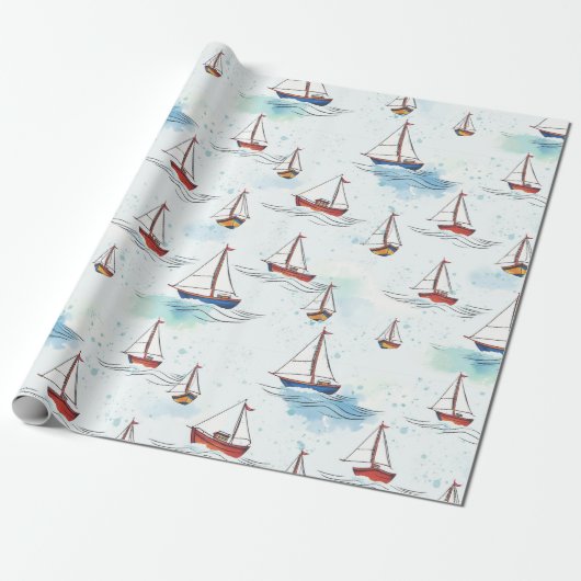 Serene Blue Red Sailing Boats op Zee Pattern Cadeaupapier (Uitgerold)
