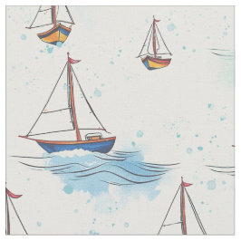Serene Blue Red Sailing Boats op Zee Pattern Stof