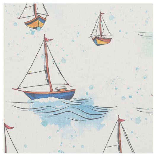 Serene Blue Red Sailing Boats op Zee Pattern Stof (Close Up)