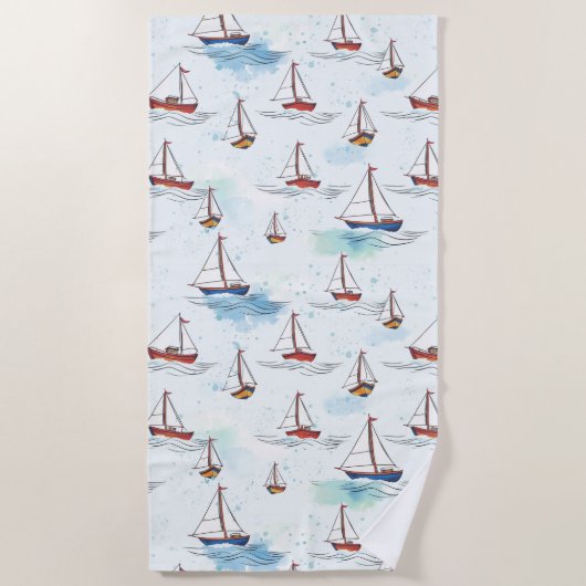 Serene Blue Red Sailing Boats op Zee Pattern Strandlaken (Voorkant)