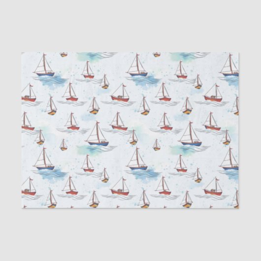 Serene Blue Red Sailing Boats op Zee Pattern Tissuepapier (Voorkant)