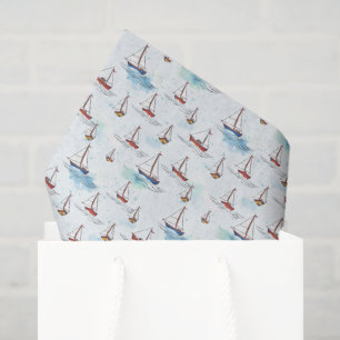 Serene Blue Red Sailing Boats op Zee Pattern Tissuepapier