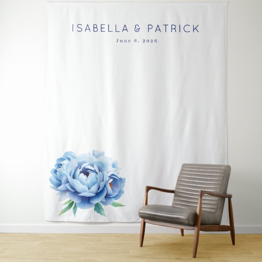 Serene Blue Watercolor Peony Wandkleed (In situ)