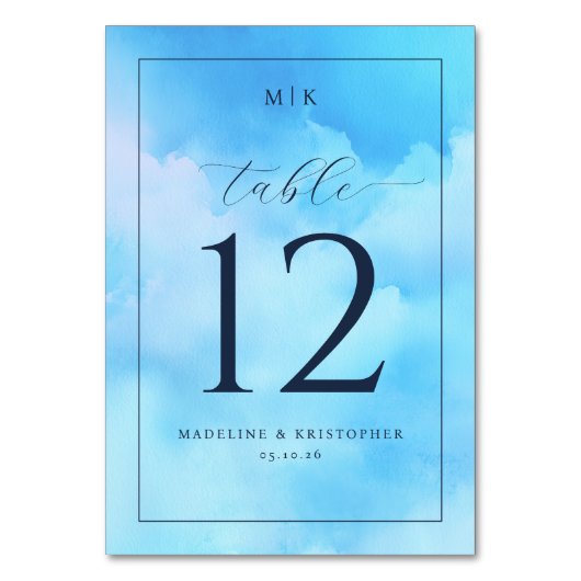 Serene Blue Watercolor Table Number Kaart (Voorkant)