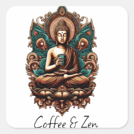 Serene Boeddha, Koffie & Zen Beeldhouwwerk Vierkante Sticker