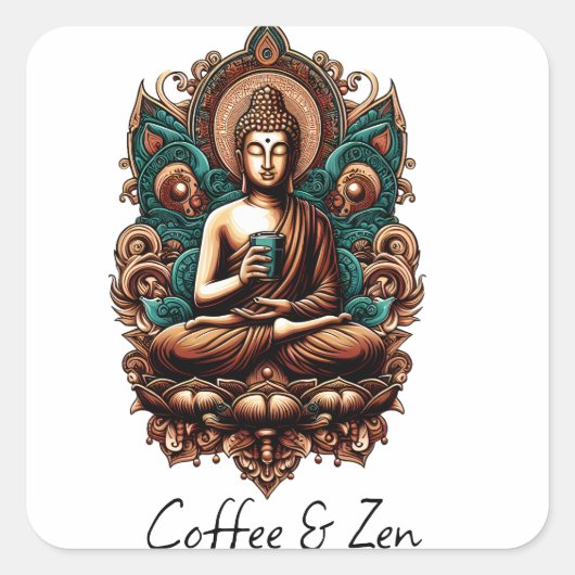 Serene Boeddha, Koffie & Zen Beeldhouwwerk Vierkante Sticker (Voorkant)