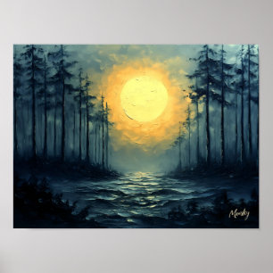 Serene bosweg bij volle maan poster