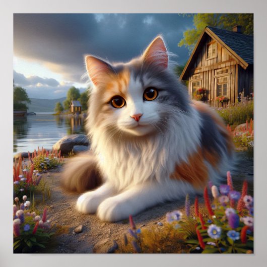 Serene Calico Cat in een rustig landschap Poster (Voorkant)