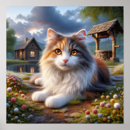 Serene Calico Cat in een rustig landschap Poster