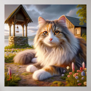 Serene Calico Cat in een rustig landschap Poster
