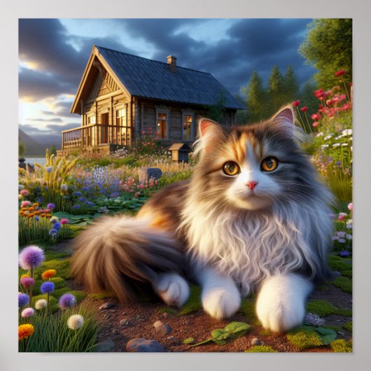 Serene Calico Cat in een rustig landschap Poster (Voorkant)