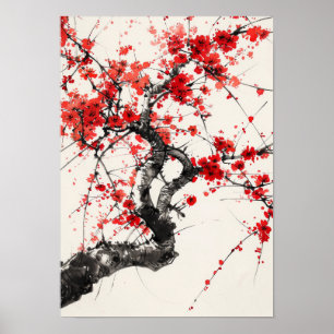Serene Cherry Blossom Tree Chinese inkt schilderij Poster