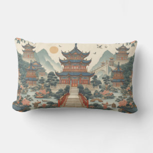 Serene Chinoiserie Pagoda Schilderachtig Aziatisch Kussen
