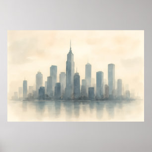 Serene Cityscape Reflection Print, moderne skyline Poster
