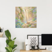 Serene Cliff Waterval - Pastel Schilderstijl Kunst Poster (Thuiskantoor)