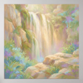 Serene Cliff Waterval - Pastel Schilderstijl Kunst Poster (Voorkant)