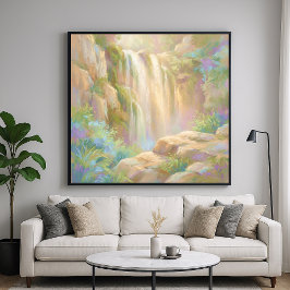 Serene Cliff Waterval - Pastel Schilderstijl Kunst Poster