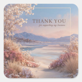 Serene Coastal Blossom Pink Gold Frame Landscape Vierkante Sticker