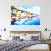 Serene Coastal Village in Olie Canvas Afdruk (Insitu (Slaapkamer))
