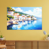 Serene Coastal Village in Olie Canvas Afdruk (Insitu (Woonkamer))