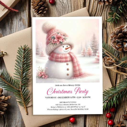 Serene Coquette Snowman Kids Christmas Invite Kaart