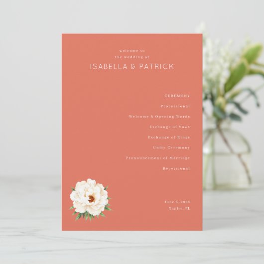 Serene Coral Floral Wedding Ceremony Schedule Programmakaart (Staand voorkant)