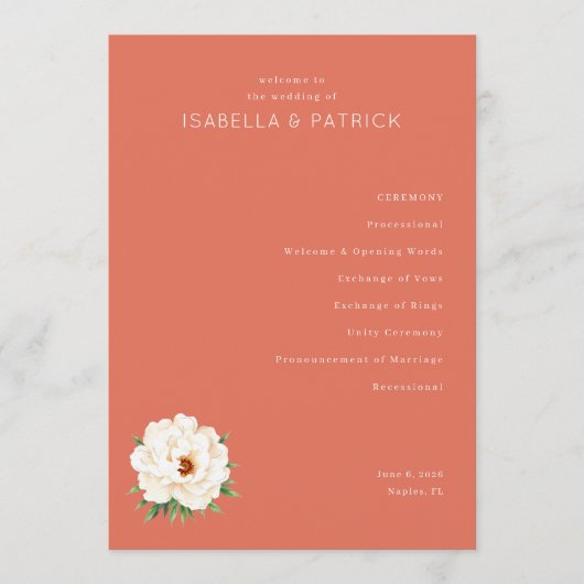 Serene Coral Floral Wedding Ceremony Schedule Programmakaart (Voorkant)
