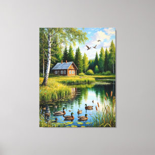 Serene Cottage aan een bosvijver met eenden Canvas Afdruk