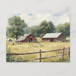 Serene Country Farm Scene with Red Barn and Cattle Briefkaart