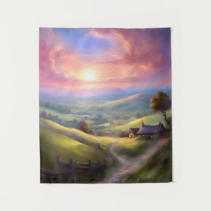 Serene Countryside Sunrise Vreedzame landschapskun Wandkleed