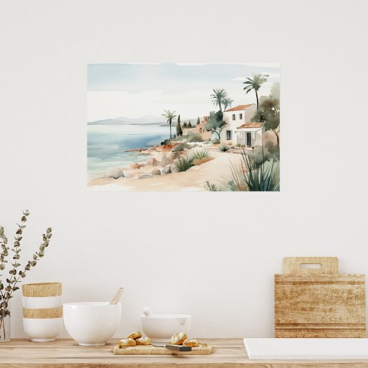 Serene Cyprus: Digitale Waterverf Art Prints (Keuken)