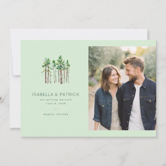 Serene dennenbomen save the date (Voorkant)
