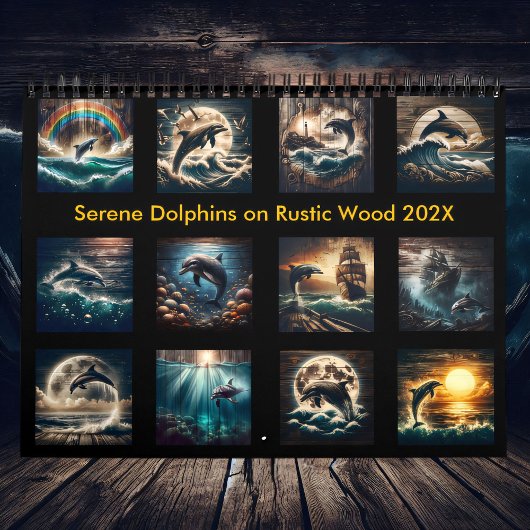 Serene dolfijnen op rustiek hout 2025 kalender
