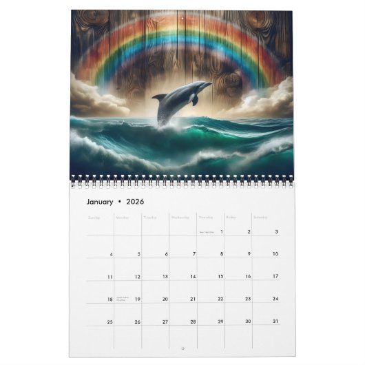 Serene dolfijnen op rustiek hout 2025 kalender (Jan 2026)