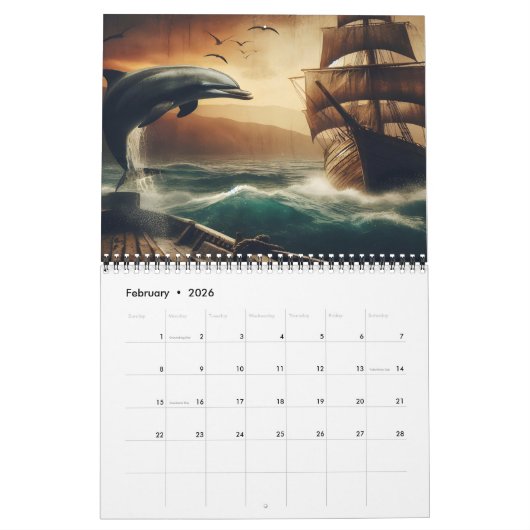 Serene dolfijnen op rustiek hout 2025 kalender (Feb 2026)