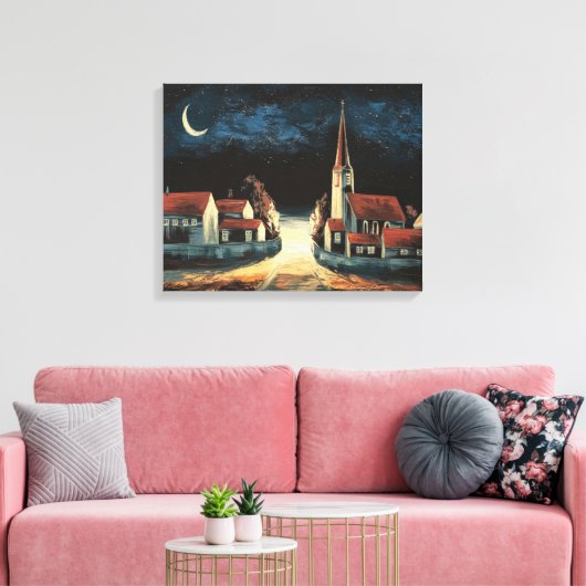 Serene dorp onder halve maan canvas (Insitu (Woonkamer))
