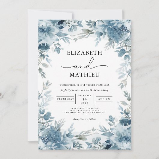 Serene Dusty Blue Botanical Floral Wedding Kaart (Voorkant)