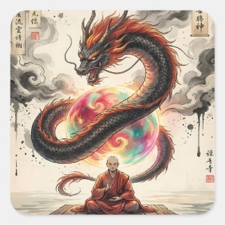 Serene Encounter: Monk and the Celestial Dragon Vierkante Sticker