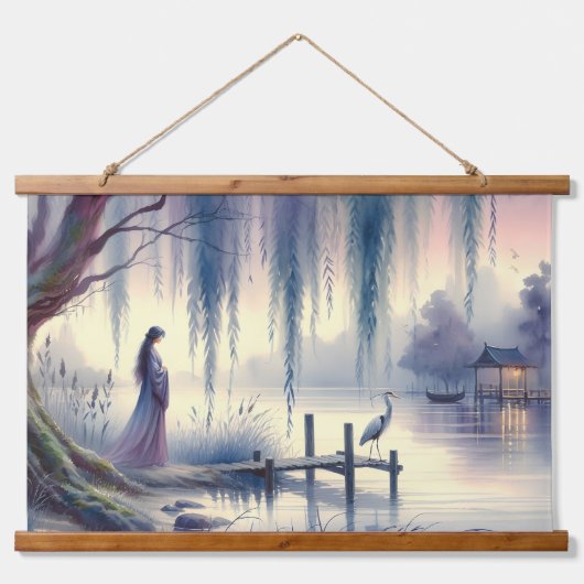 Serene Fantasie Meer met Wilg en Reiger Hangend Wandkleed (Voorkant)