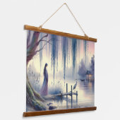 Serene Fantasie Meer met Wilg en Reiger Hangend Wandkleed (Gebogen)