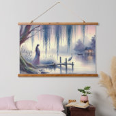 Serene Fantasie Meer met Wilg en Reiger Hangend Wandkleed (Slaapkamer)