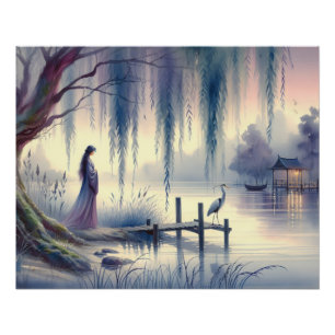 Serene Fantasie Meer met Wilg en Reiger Perfect Poster