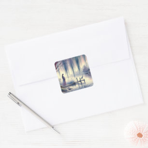 Serene Fantasie Meer met Wilg en Reiger Vierkante Sticker