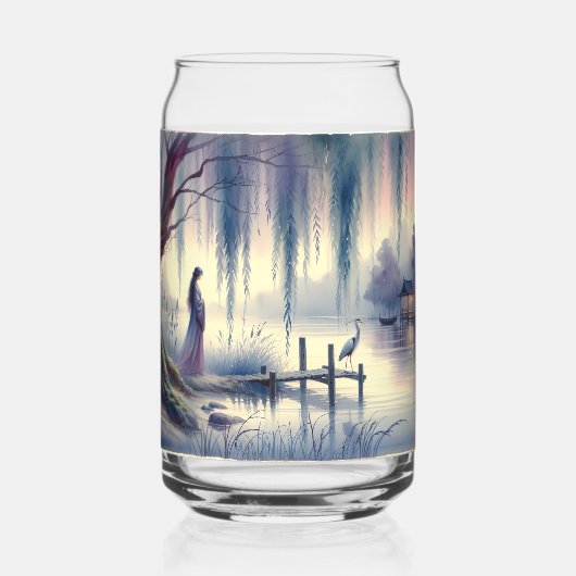 Serene Fantasy Lake met Willow en Heron Blikvorm Glas (Voorkant)