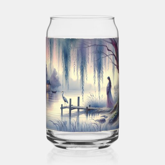 Serene Fantasy Lake met Willow en Heron Blikvorm Glas (Achterkant)