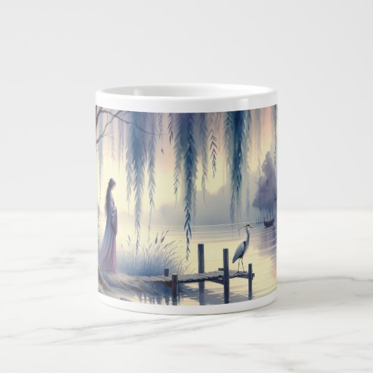 Serene Fantasy Lake met Willow en Heron Grote Koffiekop (Voorkant)